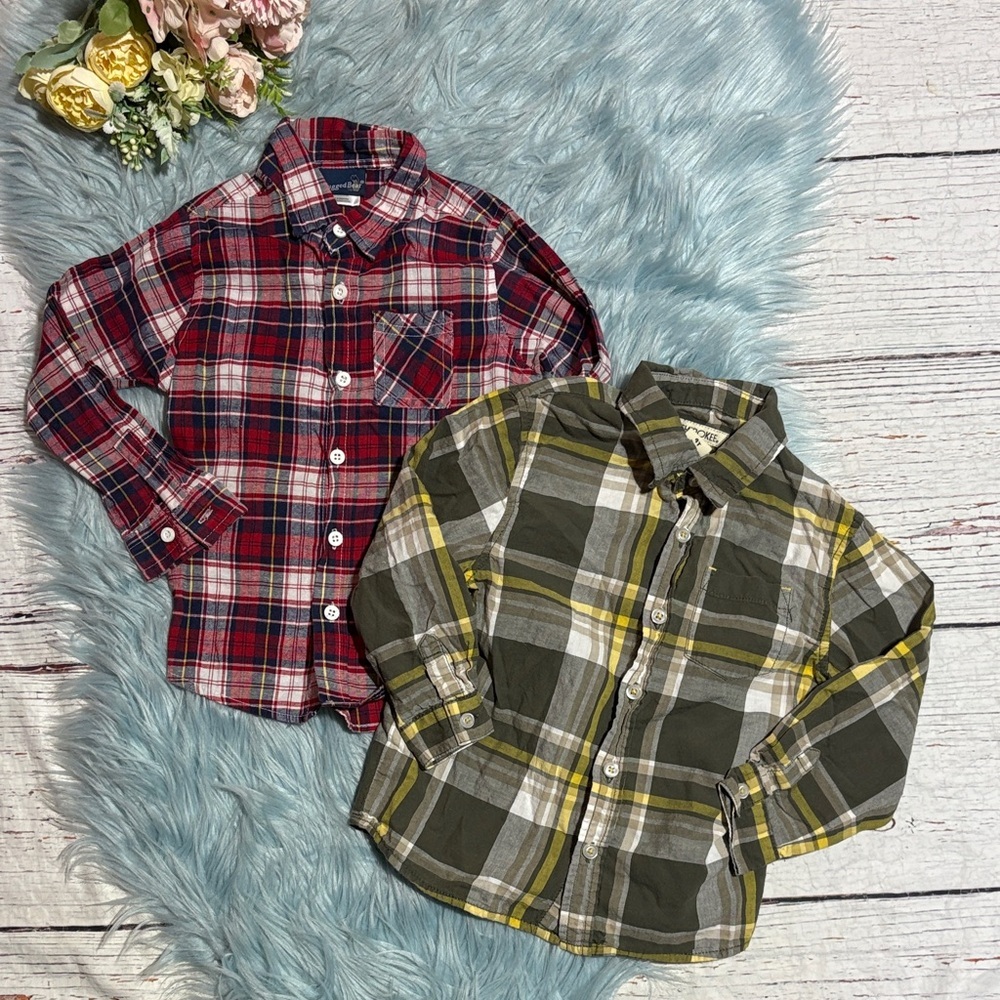 Boys 4T Plaid Button Down Shirts - Red and Green Lot of 2